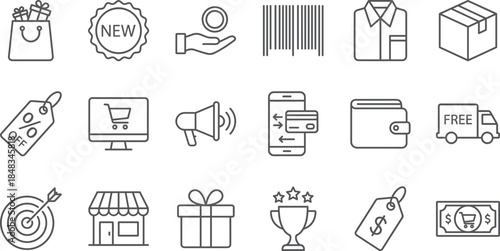 Ecommerce shopping promotion icons set, including discount delivery wallet barcode gift retail marketing vector outline illustration collection