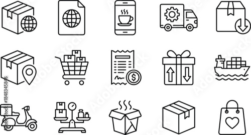 Ecommerce logistics line icons set for online shopping delivery shipping payment packaging supply chain vector illustration