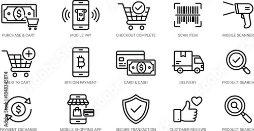 Ecommerce payment shopping icons set, featuring mobile pay checkout cart barcode scan delivery secure transaction vector illustration line style outline