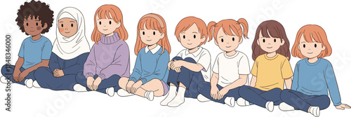 Diverse children sitting together, inclusive group, casual clothing, classroom activity, cultural representation, barefoot kids, social unity, educational setting, cartoon illustration