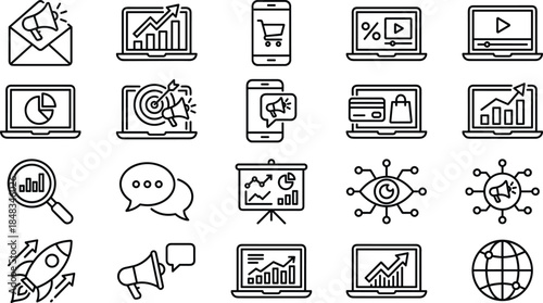 Digital marketing and ecommerce line icons set illustrating analytics advertising promotion mobile commerce growth strategy online business performance engagement conversion