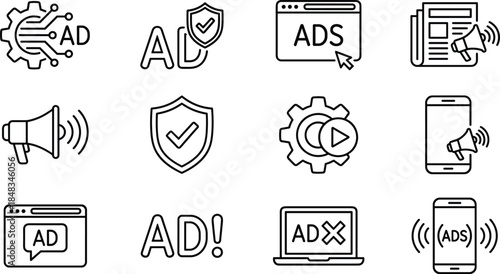 Digital advertising line icons set for ads promotion marketing security mobile web ad blocking management
