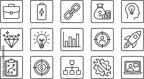 Business startup strategy line icons set for growth success finance innovation productivity management outline vector symbols collection for digital design