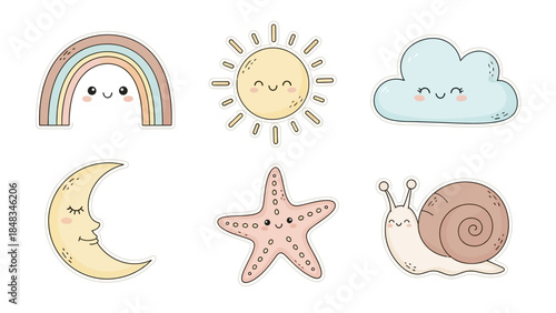 Cute Kawaii Style Weather Elements and Celestial Bodies Collection