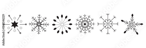 Set of cute symmetric blue snowflakes isolated on a transparent background. Cartoon decorative elements. Editable stroke. Ideal for Christmas, New Year, and winter designs
