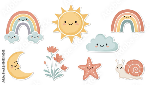 Cute cartoon celestial bodies and nature elements with a rainbow, sun, moon, cloud, starfish, flower, and snail