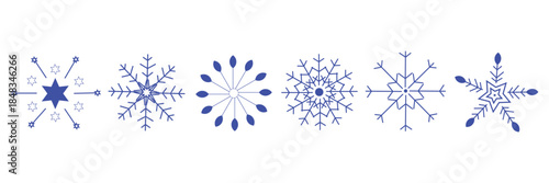 Set of cute symmetric blue snowflakes isolated on a transparent background. Cartoon decorative elements. Editable stroke. Ideal for Christmas, New Year, and winter designs
