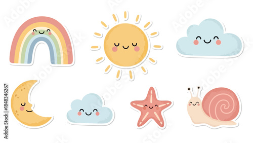 Cute cartoon weather icons smiling sun, rainbow, moon, clouds, starfish, and snail sticker set