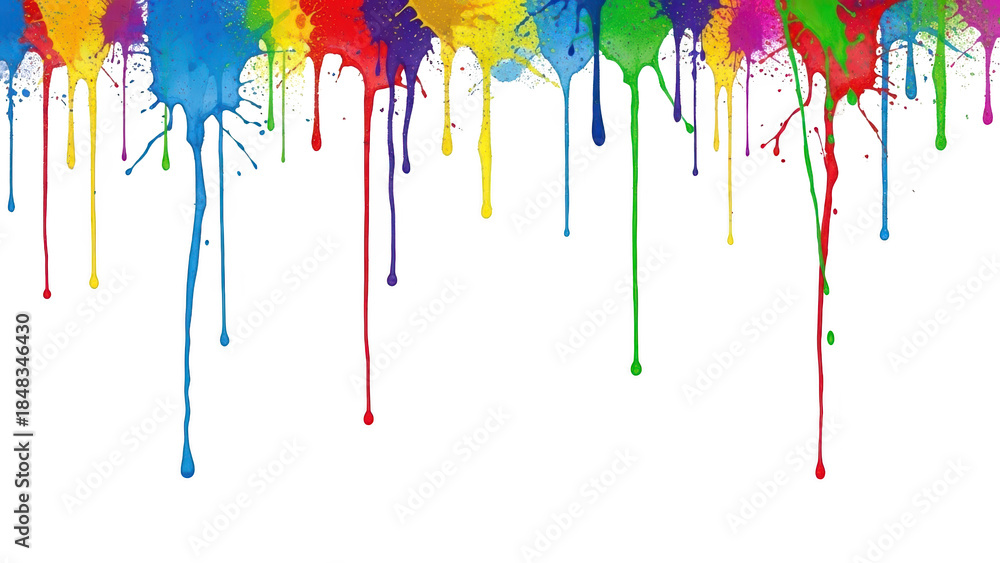 Fototapeta premium Vibrant paint drips in various colors fall against a white background in an artistic display.
