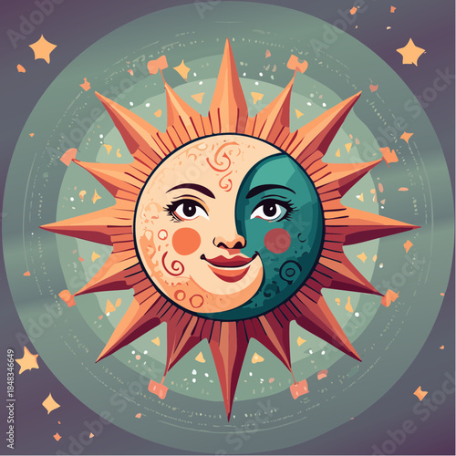 Sun and moon face illustration with celestial elements and a vintage, whimsical style.