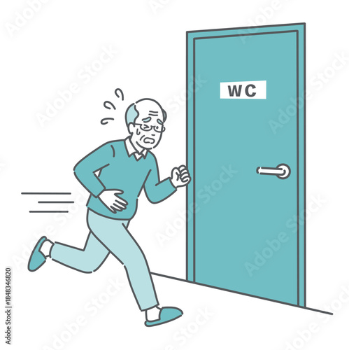 トイレに駆け込む高齢男性のイラスト（腹痛・下痢・便意・頻尿）