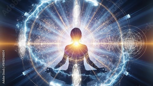 A person in a meditative pose surrounded by geometric patterns and light, signifying spiritual connection