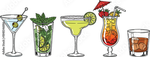 Colorful Tropical Cocktail Drinks Vector Illustration Set with Mojito Margarita Martini and Whiskey Glasses Garnished with Fruit and Mint Leaves