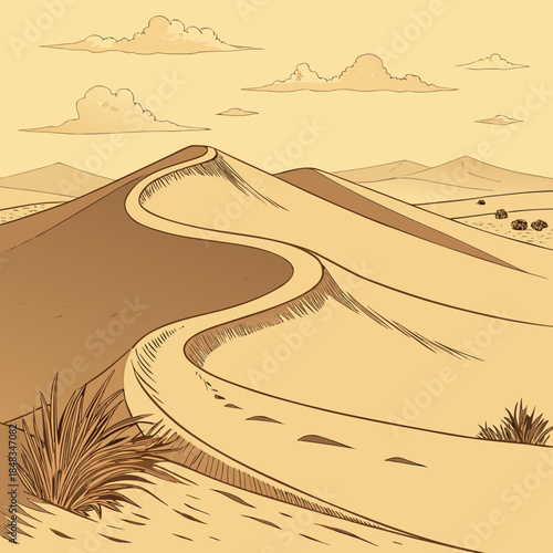 Winding path through desert dunes