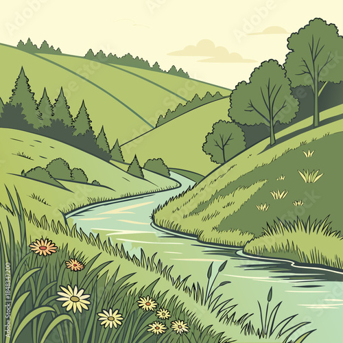Serene river valley landscape