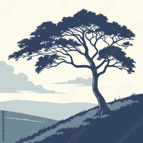Lone tree overlooking a serene landscape