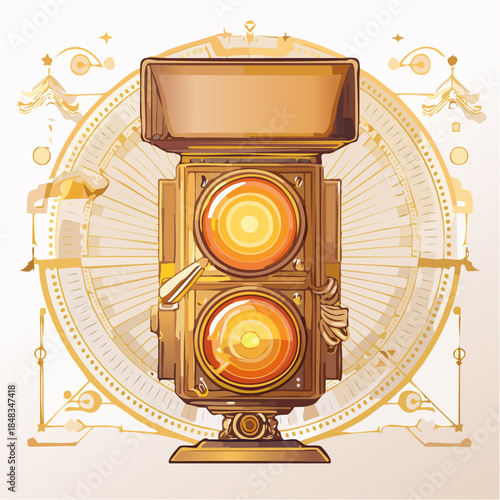 Ornate golden twin-lens reflex camera illustration with decorative background.