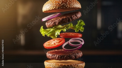 Burger Stack With Floating Buns Patty And Vegetables In Cinematic Lighting