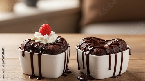 Two decadent chocolate desserts with rich chocolate sauce and whipped cream