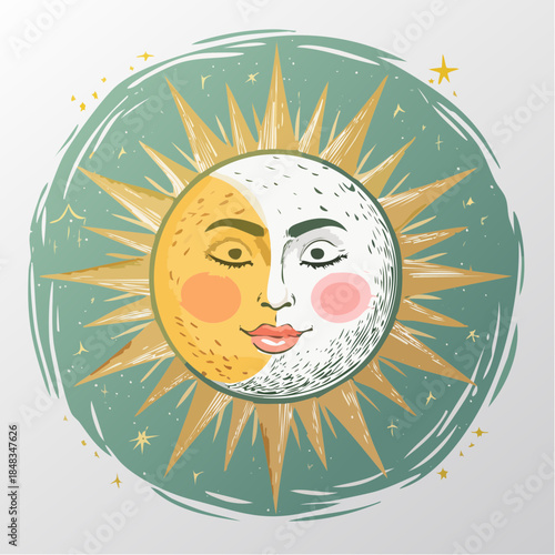 Stylized sun and moon face with rays and stars on a textured teal background.