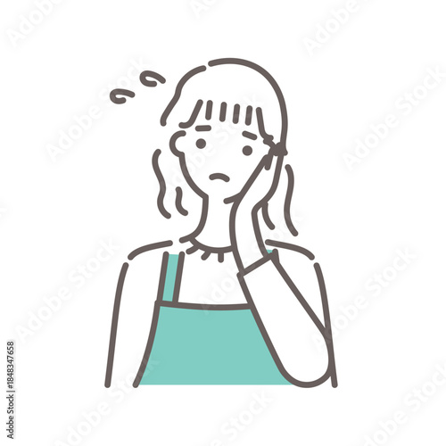 緑のエプロンをつけた女性が困った表情を浮かべているイラスト・シンプルな線画