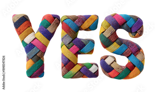 Yes shaped using multicolored fabric strips with woven appearance isolated on transparent background