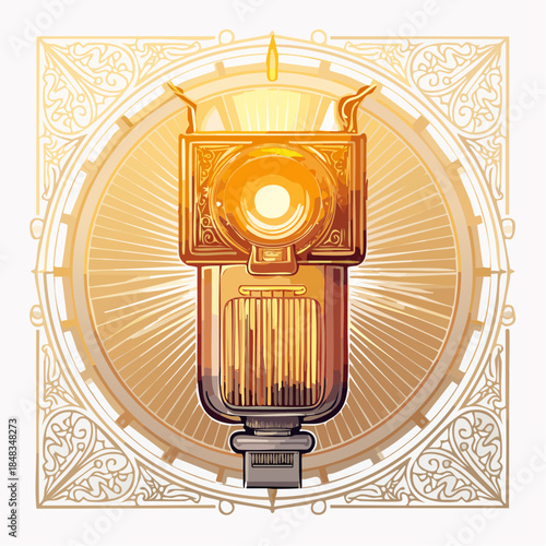 Ornate vintage camera illustration with golden light and intricate details.