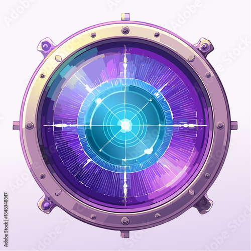 Steampunk-style porthole with a futuristic, glowing, purple and blue center.