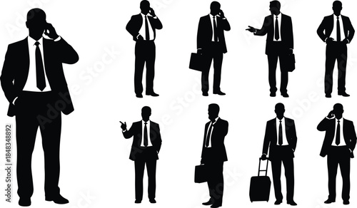 Businessman silhouettes in suits talking on phones and carrying luggage for professional corporate cad drawing flat vector illustration, set