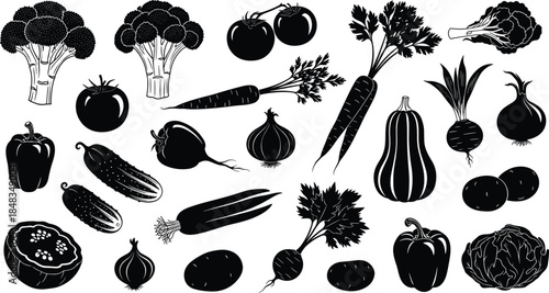 Fresh vegetable silhouettes and garden produce collection with broccoli, tomato, and root vegetables for cad drawing flat vector illustration, isolated set