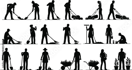 Gardening silhouettes and landscaping staff collection with people mowing lawn, digging, and planting for cad drawing flat vector illustration, isolated set