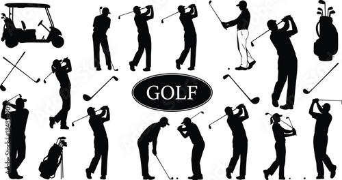 Golf silhouettes collection with players swinging clubs, golf cart, and equipment for professional cad drawing flat vector illustration, sports set