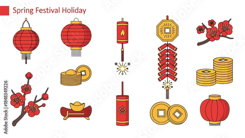 A collection of traditional Chinese Spring Festival holiday elements including red lanterns, firecrackers, gold ingots, coins, and plum blossoms.