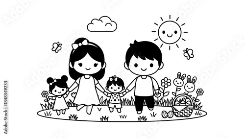A cute cartoon illustration of a happy family of four holding hands in a park with a sun, clouds, butterflies, and a picnic basket.