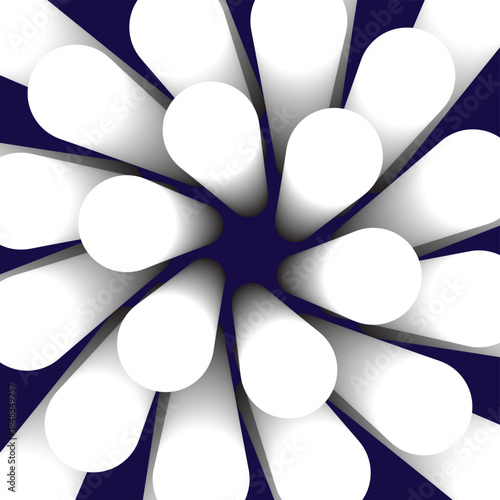 Abstract radial pattern of white cylindrical shapes radiating from a dark blue center, creating a starburst or floral design with volumetric depth