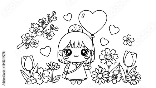 Cute Kawaii Girl with Heart Balloon Surrounded by Cherry Blossoms and Flowers Coloring Page.