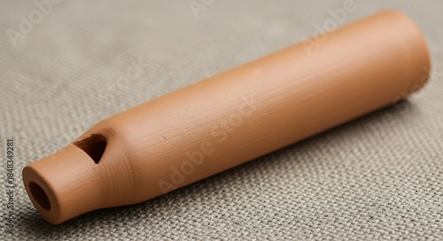 Artisanal clay flute resting on neutral textured surface awaiting melodic expression creating a serene and natural