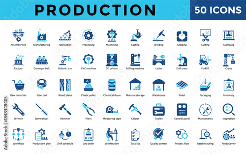Production icons set with assembly line, manufacturing, fabrication, processing, machining, casting, welding, molding, and job order icon. Simple flat vector 
