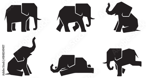 Set of stylized geometric elephant icons in silhouette, depicting various poses and actions.