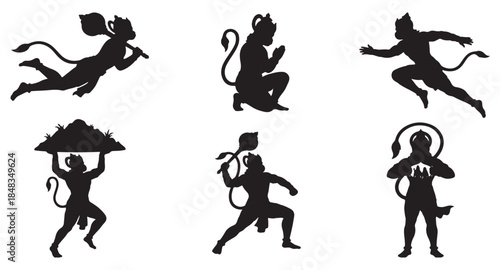Collection of Hanuman Silhouettes in Various Poses and Actions, Representing Strength and Devotion.