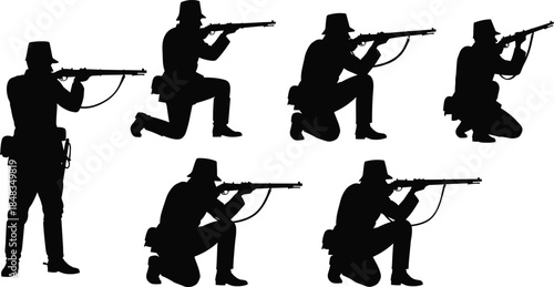 Soldier silhouettes in kneeling and standing aiming positions with vintage rifles for military historical cad drawing flat vector illustration, set