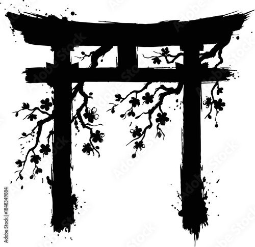 Torii Gate and Sakura Silhouette Ink Brush. Japanese Traditional Entrance Vector for Asian Games Design