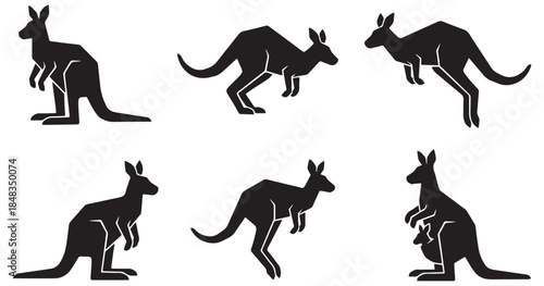 Collection of stylized silhouette illustrations of kangaroos in various poses, representing Australian wildlife and movement.