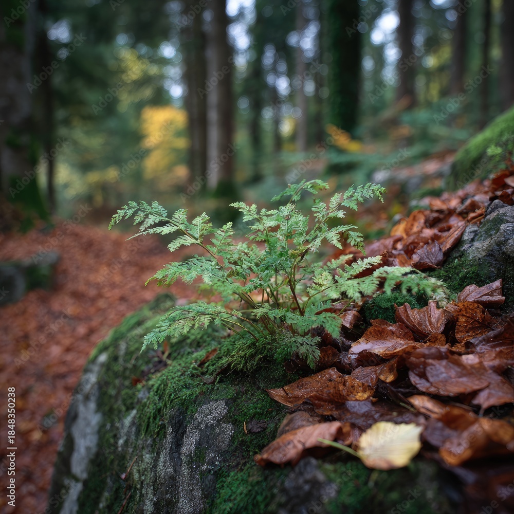 Obraz premium Green fern on mossy rock, autumn leaves
