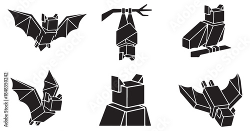 Collection of stylized geometric bats in various poses, rendered in a minimalist black and white silhouette style.