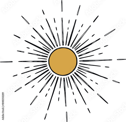 Minimal sun icon with radiating rays hand drawn outline illustration