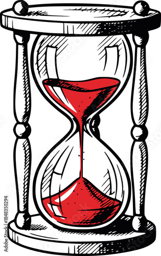 Vintage hourglass illustration with red sand hand drawn sketch
