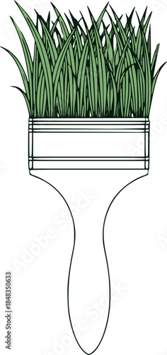 Creative paintbrush set with grass in bristles hand drawn outline illustration