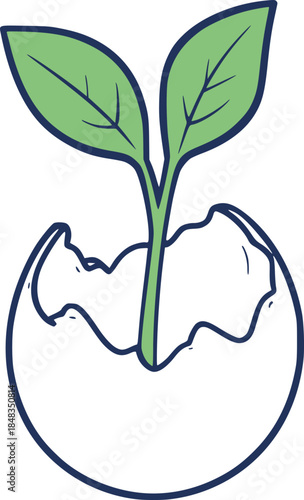 Simple plant sprout icon with cracked eggshell minimal flat vector