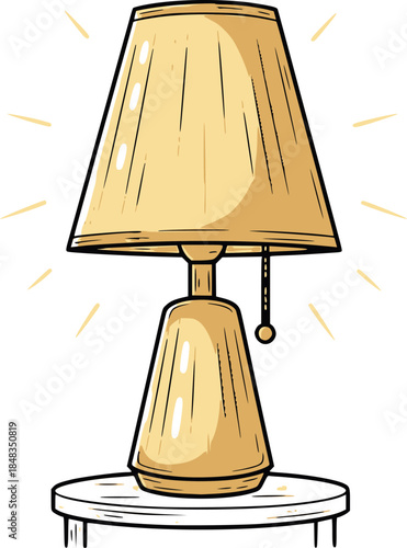 Cute table lamp with lampshade and pull chain hand drawn outline illustration